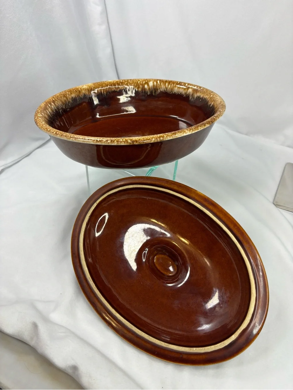 Vintage H.P. Co Oven Proof Covered Casserole Dish USA Brown Drip Glaze Stoneware
